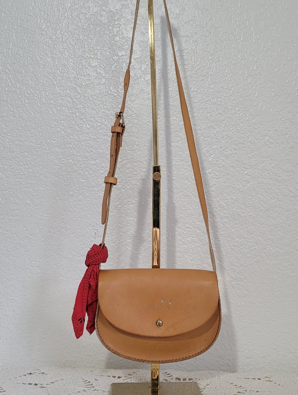 Zara Girls Tan Leather Crossbody Bag Featuring A Distintive Bandana Scarf